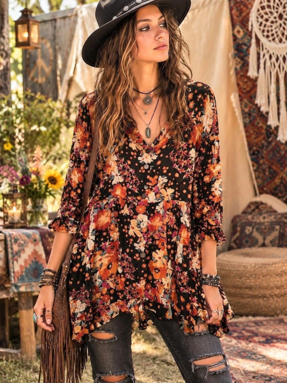 Floral Blouse in Black & Orange Like New